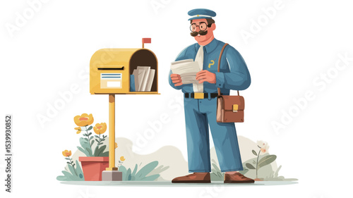The illustration depicts a cartoon postman in a blue uniform, hat, and mustache, holding a stack of letters and envelopes. He stands next to a yellow mailbox with some letters already inside. 