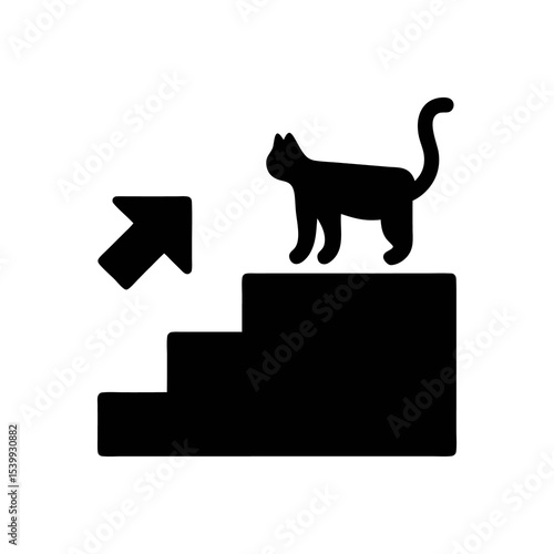 Black silhouette of a cat standing atop stairs with an arrow pointing upward leftward