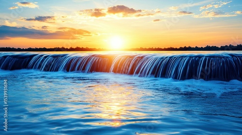 Sunset over a tranquil dam with cascading water