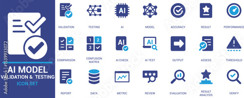 
AI model validation and testing icon set featuring symbols like accuracy, result, performance, evaluation, metric, confusion matrix, output, and assessment.


