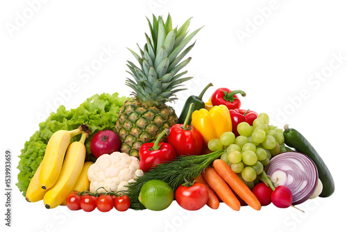 Fresh fruit and vegetable assortment isolated on transparent background