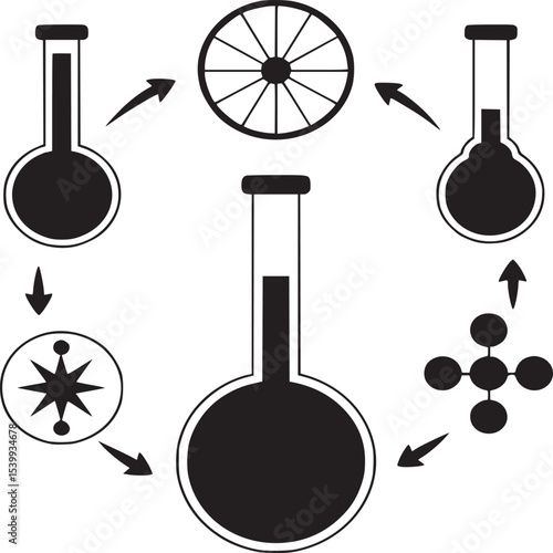 Black and white illustration of chemical flasks with arrows and other symbols in a circular pattern