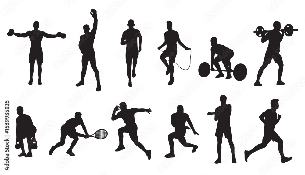 Naklejka premium Vector illustration of male athletes in various workout and sport poses. Includes weightlifting, running, jumping rope, stretching, playing tennis, sprinting, and functional training
