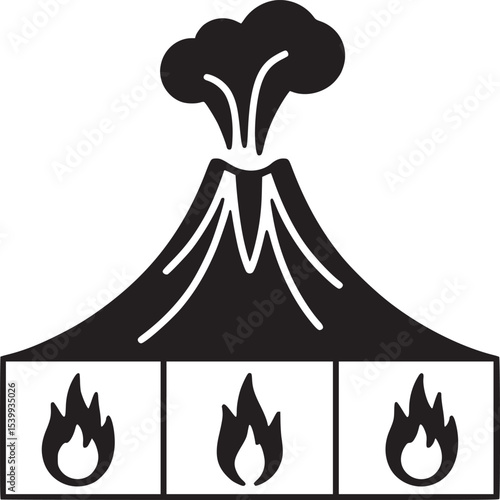 Black and white drawing of a volcano erupting with flames underneath in square compartments design