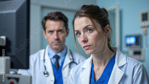 Senior female doctor in focus and a male doctor standing in the background, wearing white coat