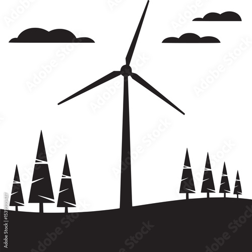 Silhouette illustration of a wind turbine with trees and clouds in a monochrome landscape design