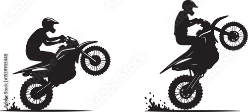 2 Young man on sports motor bike performs tricks silhouette