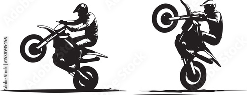 2 Young man on sports motor bike performs tricks silhouette