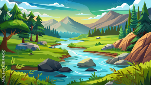 A serene view of a river closely flowing over rocks, with green grasses on the banks near a lush forest Very beautiful