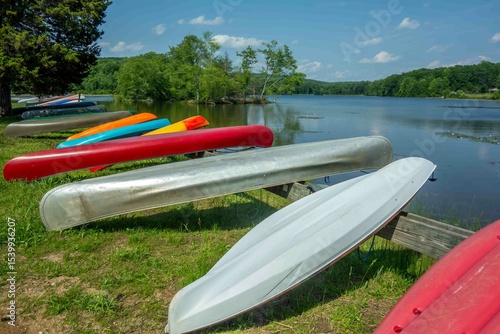 Fotografija Rows of canoes and kayaks on the grassy shores of Pennsylvania lake state park w