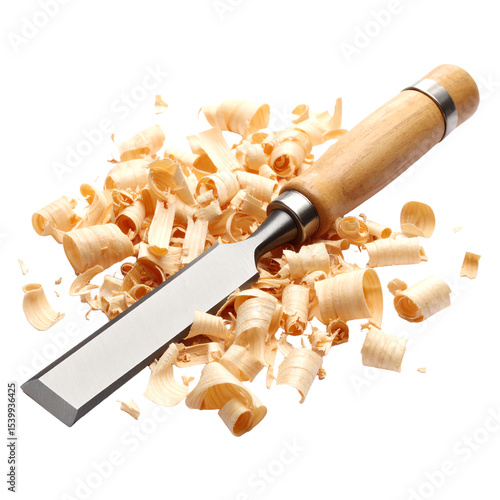 Wood chisel surrounded by wood shavings.