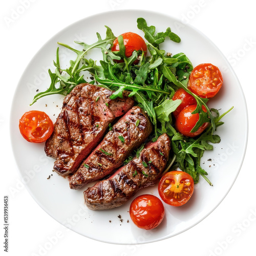 Steak with salad plate on transparent background.