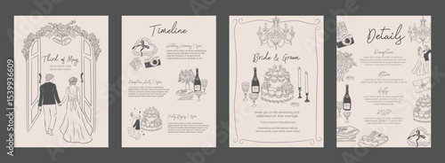 Collection of Wedding Invitation Hand drawn sketch Minimalistic Vector Illustration background template of couple, wedding timeline and food reception
