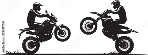 2 Young man on sports motor bike performs tricks silhouette