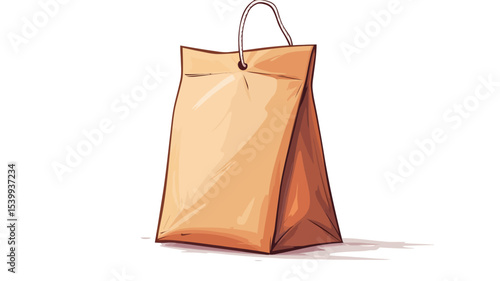A digital illustration of a light brown paper bag with a simple design. The bag is depicted in a slightly stylized, almost painterly manner with subtle shading and highlights to suggest texture and