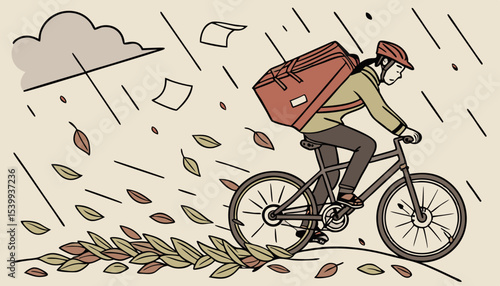 A courier on the byecycle navigates heavy rain and wind, showcasing resilience as they deliver packages, Fallen leaves dance in the air, and papers scatter along the street, highlighting the challengi