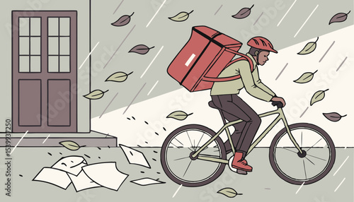A courier on the byecycle navigates heavy rain and wind, showcasing resilience as they deliver packages, Fallen leaves dance in the air, and papers scatter along the street, highlighting the challengi