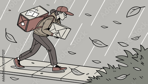 A courier on the byecycle navigates heavy rain and wind, showcasing resilience as they deliver packages, Fallen leaves dance in the air, and papers scatter along the street, highlighting the challengi