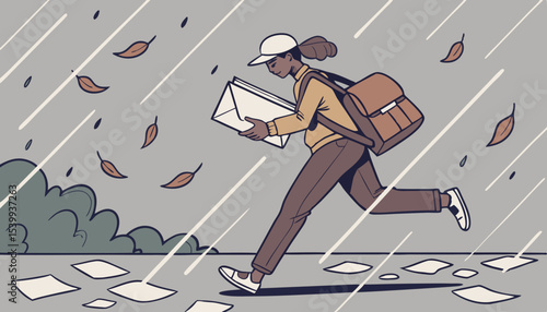 A courier on the byecycle navigates heavy rain and wind, showcasing resilience as they deliver packages, Fallen leaves dance in the air, and papers scatter along the street, highlighting the challengi