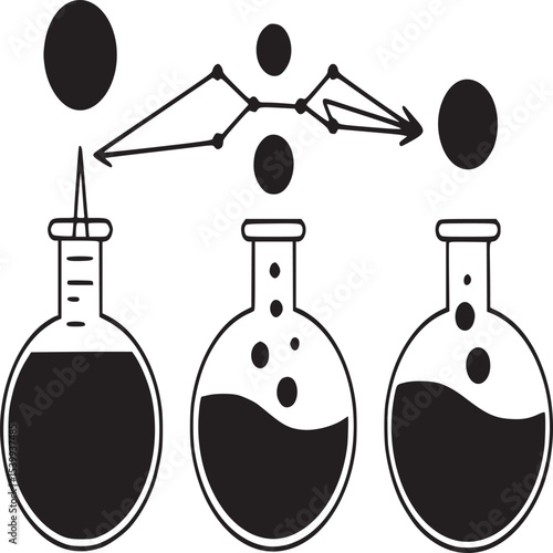 Illustration of chemical process with flasks and circles connected by lines and an arrow flow