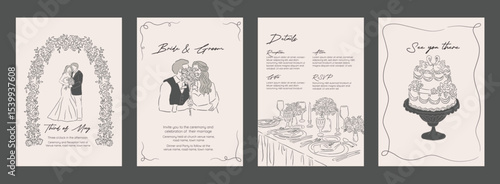 Collection of Wedding Invitation Hand drawn sketch Minimalistic Vector Illustration background template of floral garland table setting and swan cake