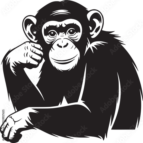 A black and white graphic illustration of a chimpanzee resting its head on its hand looking forward