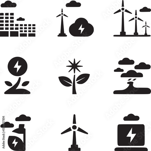 Black and white icons depicting renewable energy sources and sustainable power generation concepts shown