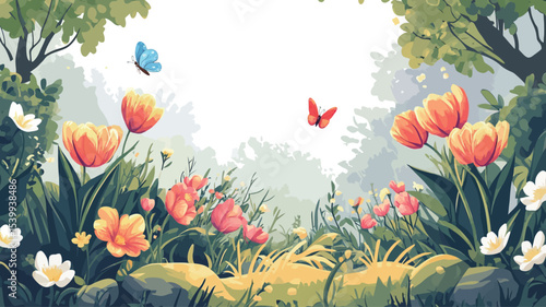 A digital illustration depicting a vibrant spring meadow scene.  The image features multiple orange tulips as the central focus, surrounded by other various flowering plants and greenery.