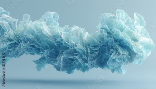 Abstract digital rendering of a flowing, pale blue, cloud-like form against a light blue background.  The form is organic and textured, resembling fabric or smoke