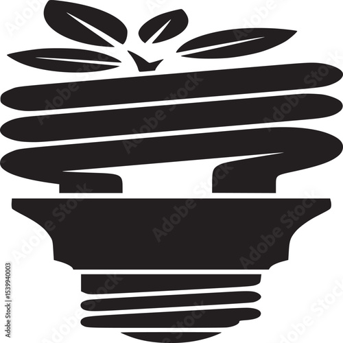Black silhouette of a compact fluorescent lamp with leaves on top in a white background image