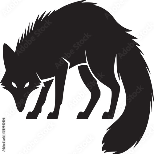 A silhouette of a fox with a bushy tail looking down on a white background in a vector illustration