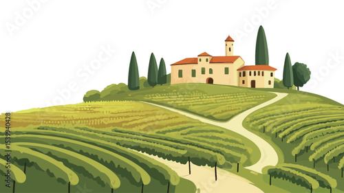 An illustration depicting a picturesque Tuscan landscape. The image features a yellow villa with a red roof nestled on a hilltop amidst rows of green grape vines. Several tall cypress trees flank