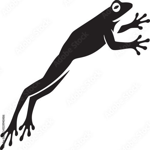 Silhouette of a frog leaping forward with its limbs extended on a white background illustration style