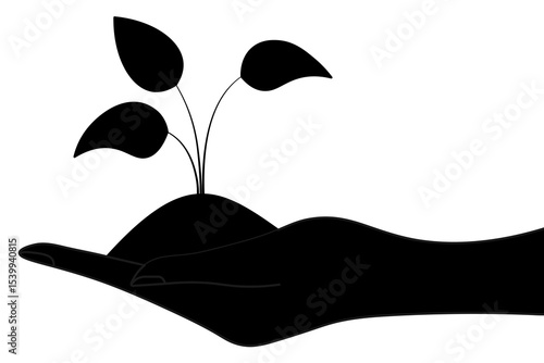 Palm and sprout. Black silhouette. On a human hand there is a handful of soil and a sprout with three leaves that has grown out of it. Vector illustration. Isolated white background. Open palm.