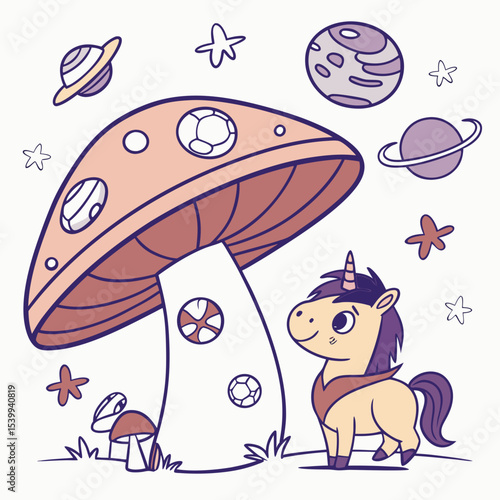 Cute Silly Horse, accessorized with under a mushroom, in a Space explorer world – Cosmic Pastels palette vector
