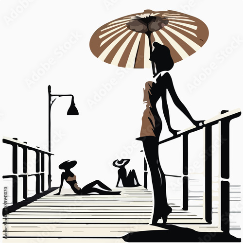 image of a woman sunbathing on a pier with a simple and minimalist flat design using a white background