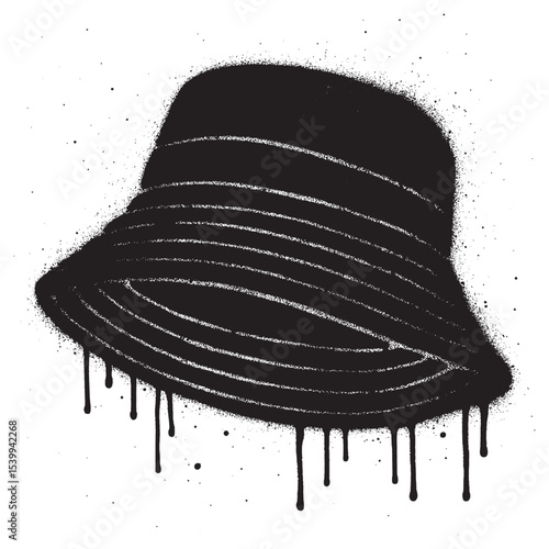 Urban street art illustration of a black bucket hat created with graffiti style spray paint.