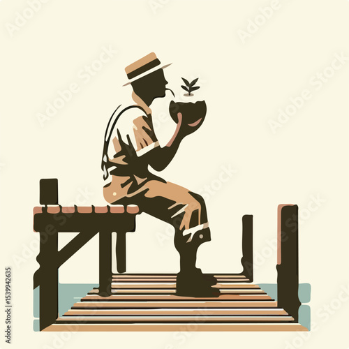 image of a man drinking coconut on the pier with a simple and minimalist flat design using a white background