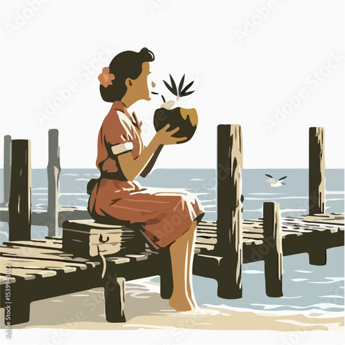 image of a woman drinking coconut on the pier with a simple and minimalist flat design using a white background