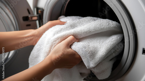 Close up of hands loading towel into modern washing machine for laundry day, Laundry routine at home, Household routine concept
