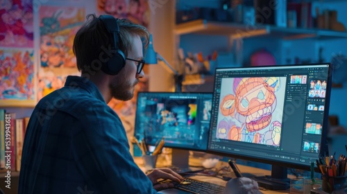 In a modern animation studio, a digital artist and a programmer work at a computer. The room is softly lit with LED lighting and colorful concept drawings on the wall. 
