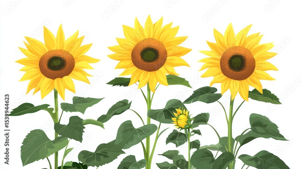 Obraz premium Three yellow sunflowers, with green leaves, in a row. Isolated on white background