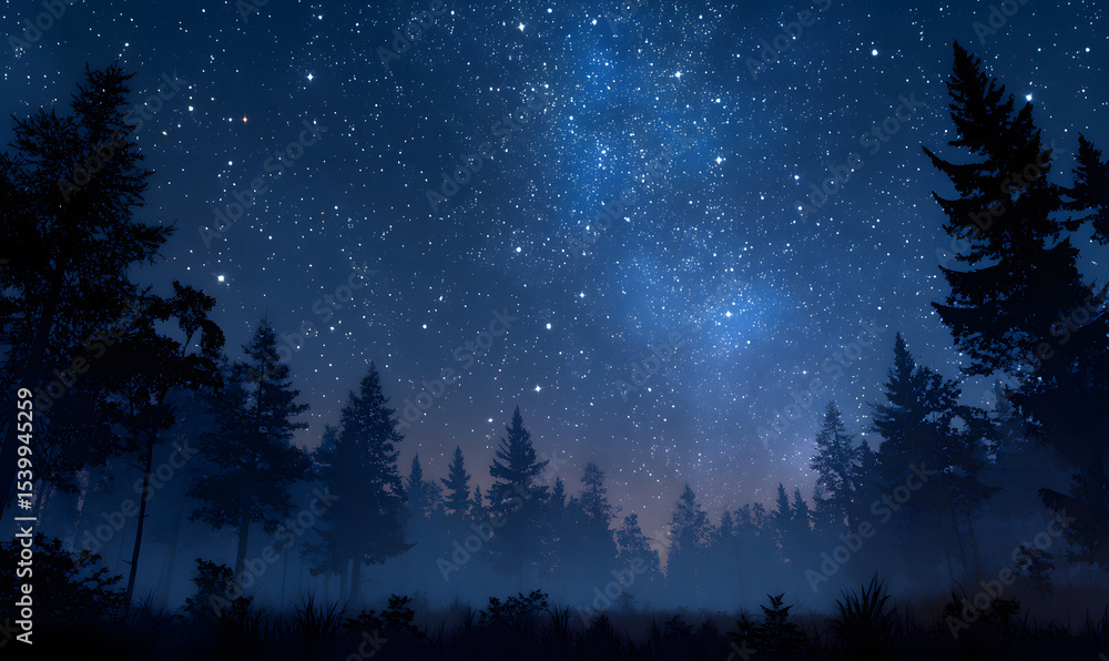 Naklejka premium Peaceful starry night sky filled with countless sparkling stars and silhouetted trees serene and mystical natural landscape for relaxation and inspiration. generative ai