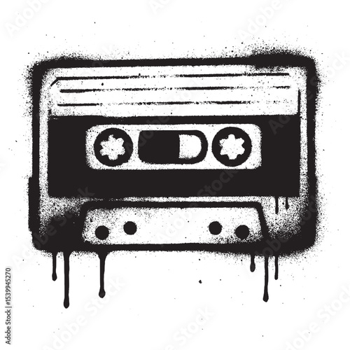 bold black and white graffiti illustration of a vintage audio cassette tape, created with spray brush technique and realistic dripping paint effect.