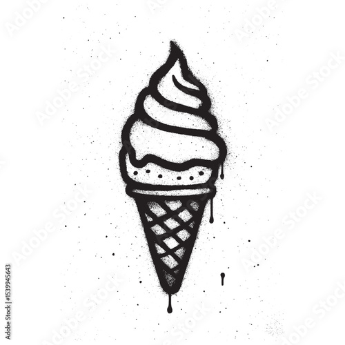 Black and White Graffiti Ice Cream Cone with Spray Paint Drips.