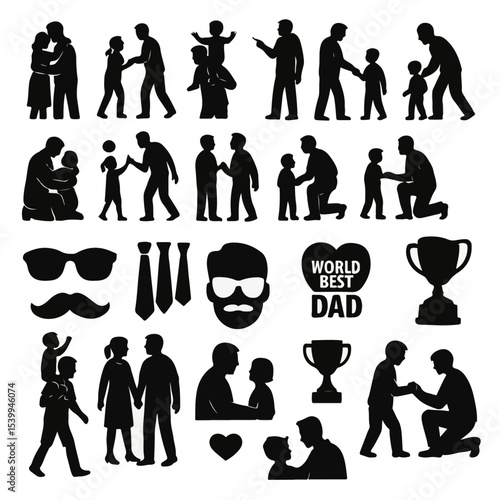 Father day Silhouette Icon Set – Black and White Designs Celebrating Family, Love, and Paternal Bonds