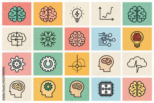 Brain and Cognitive Icon Set: Colorful, Minimalist Designs for Learning, Innovation, and Mental Health