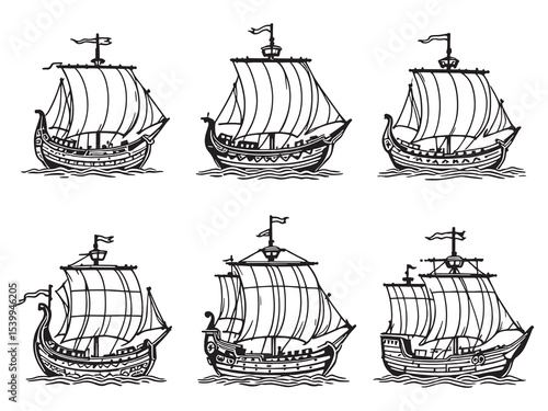 ancient viking sail ship detailed vector line drawing