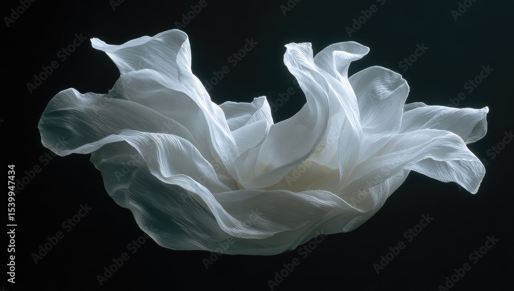 Fototapeta premium Draped white fabric, flowing dynamically against a dark background, illuminated to highlight its texture and folds