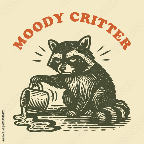 Grumpy Raccoon Vintage Illustration